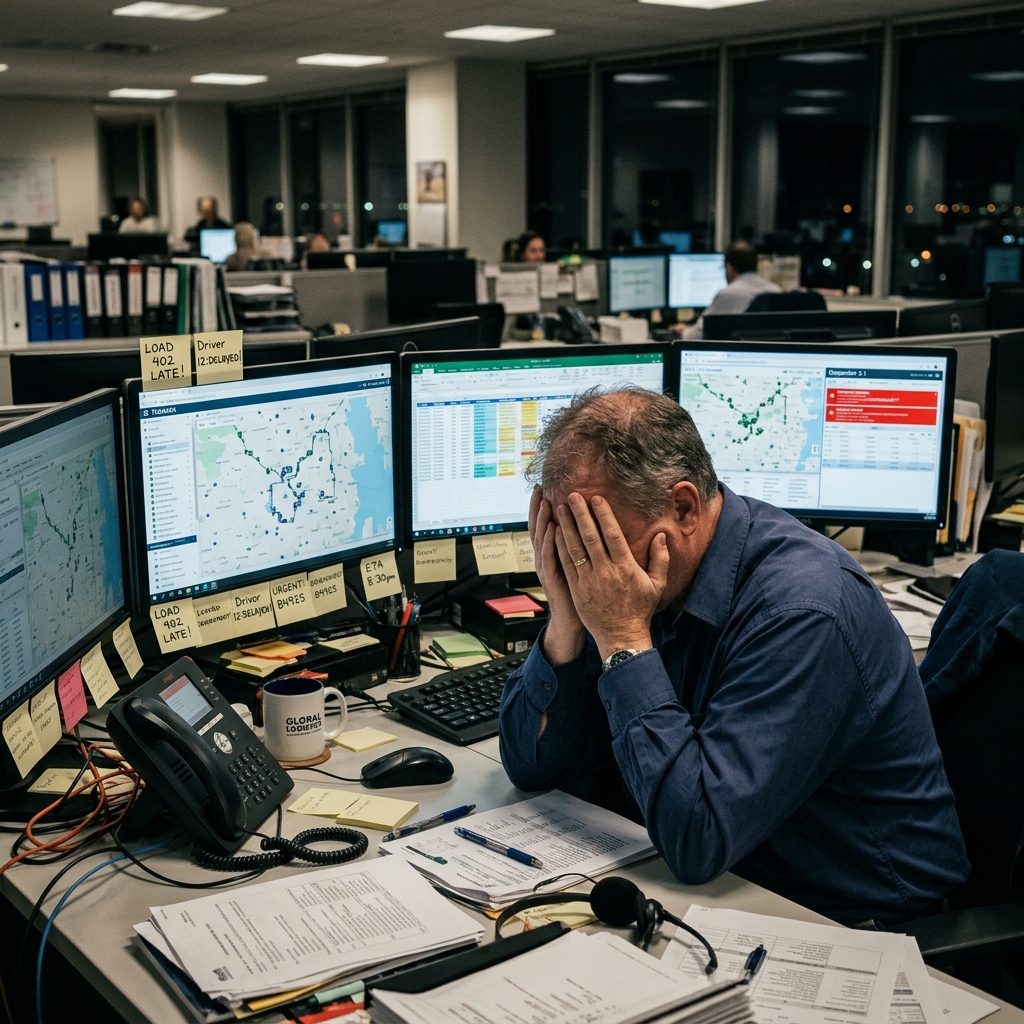Stressed truck dispatcher with head in hands surrounded by chaotic monitors and paperwork